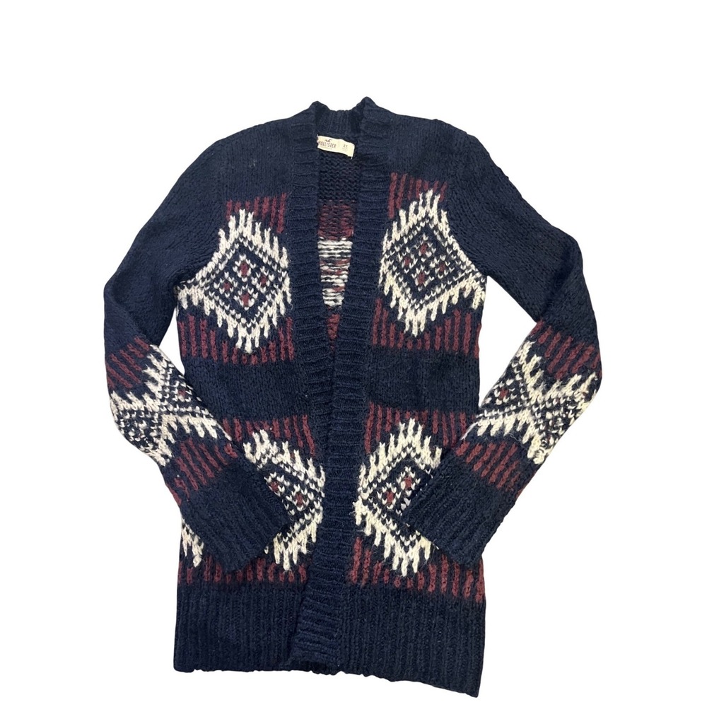 Hollister Fair Isle Geometric Knit Open‎ Front Cardigan Sweater Navy Burgundy XS - Picture 2 of 9
